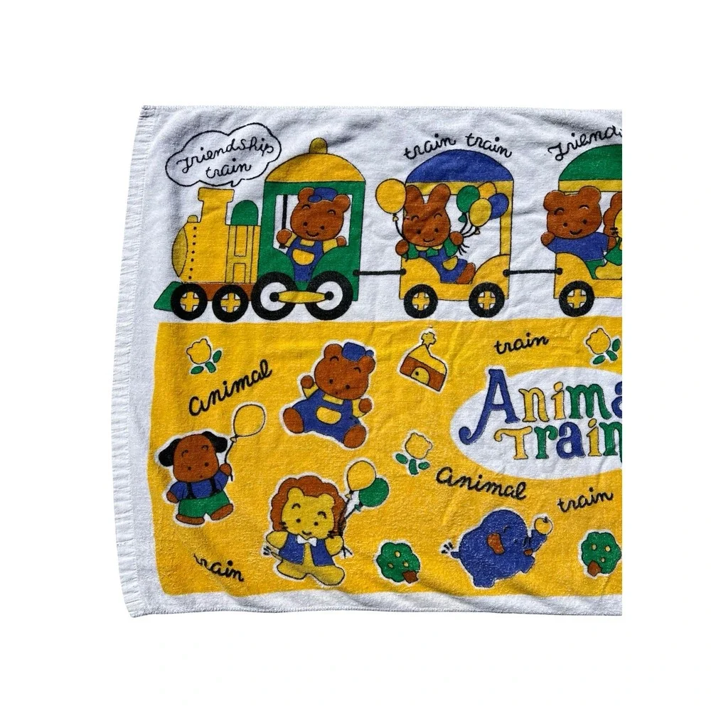 VTG 90s Rare Animal Train Kids Beach Towel Yellow White Cute Friendship Graphic
